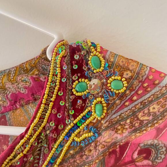 Raj 100% Silk Boho Paisley Tunic Top Beaded Pink Sheer Festival Kaftan Cover Up - Picture 7 of 10